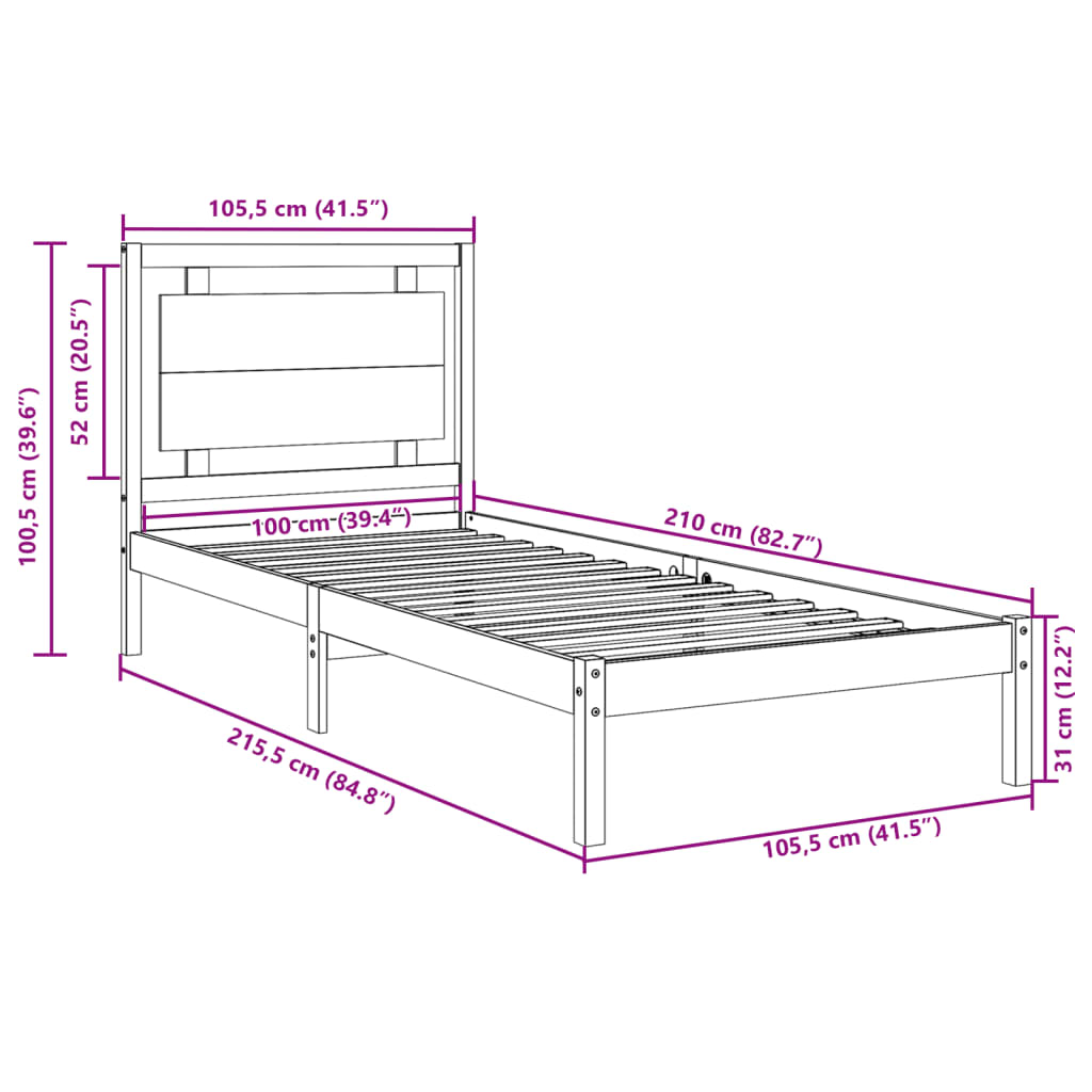 Dugi okvir kreveta bez madraca bijeli 100 x 210 cm masivno drvo