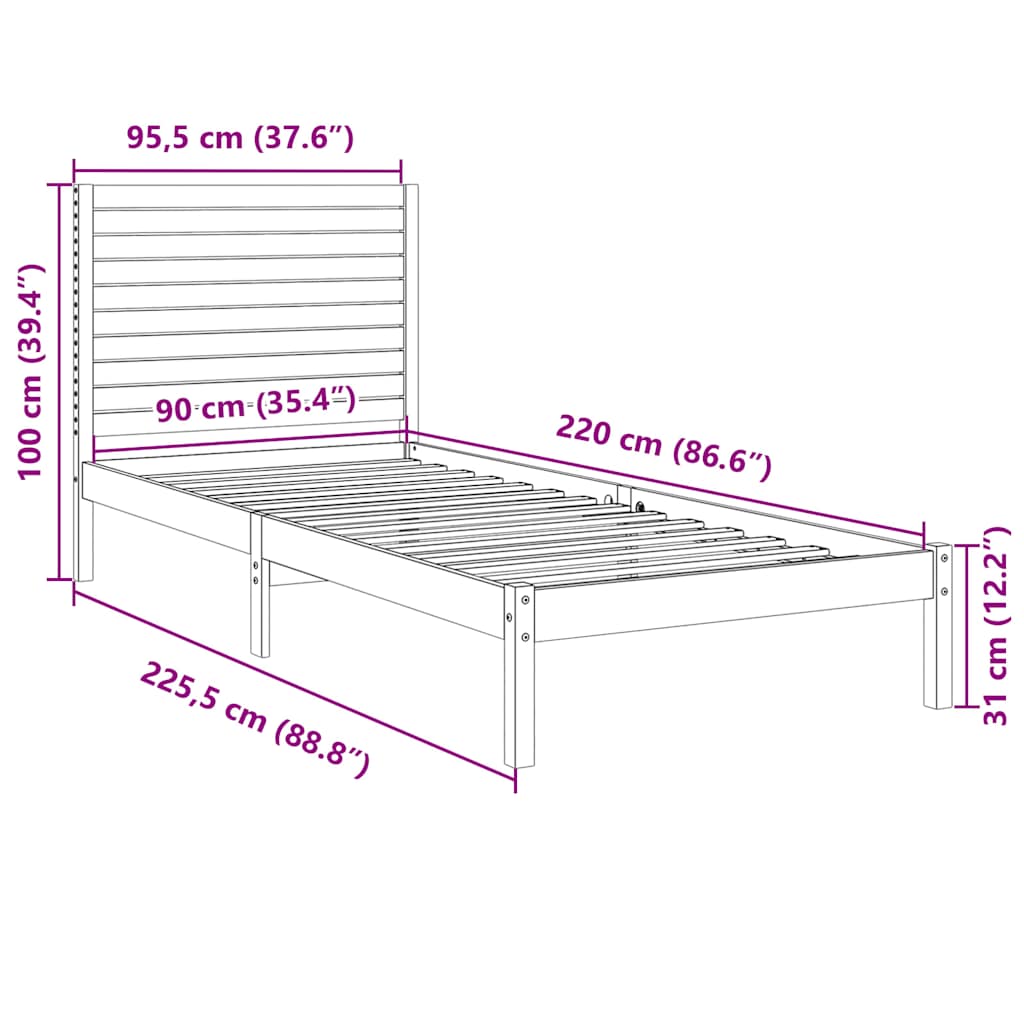 Dugi okvir kreveta bez madraca bijeli 90 x 220 cm masivno drvo