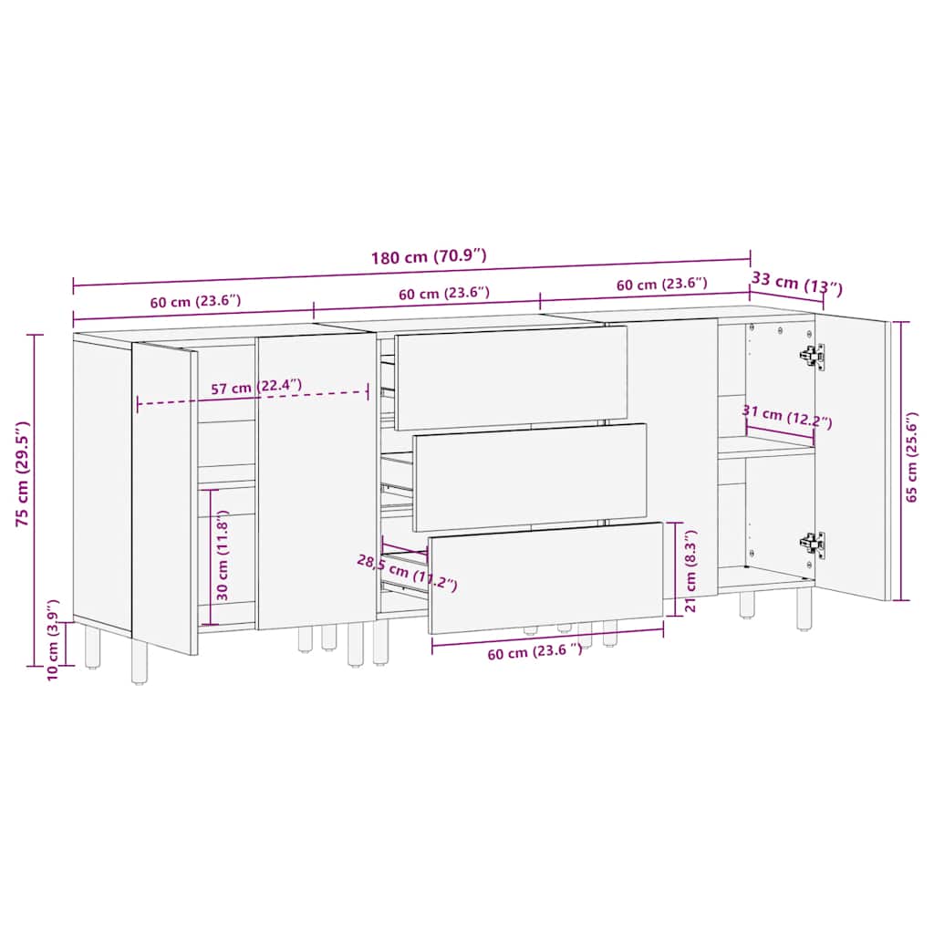 Komoda od 3 komada smeđa 60x33x75 cm Puno drvo Mango