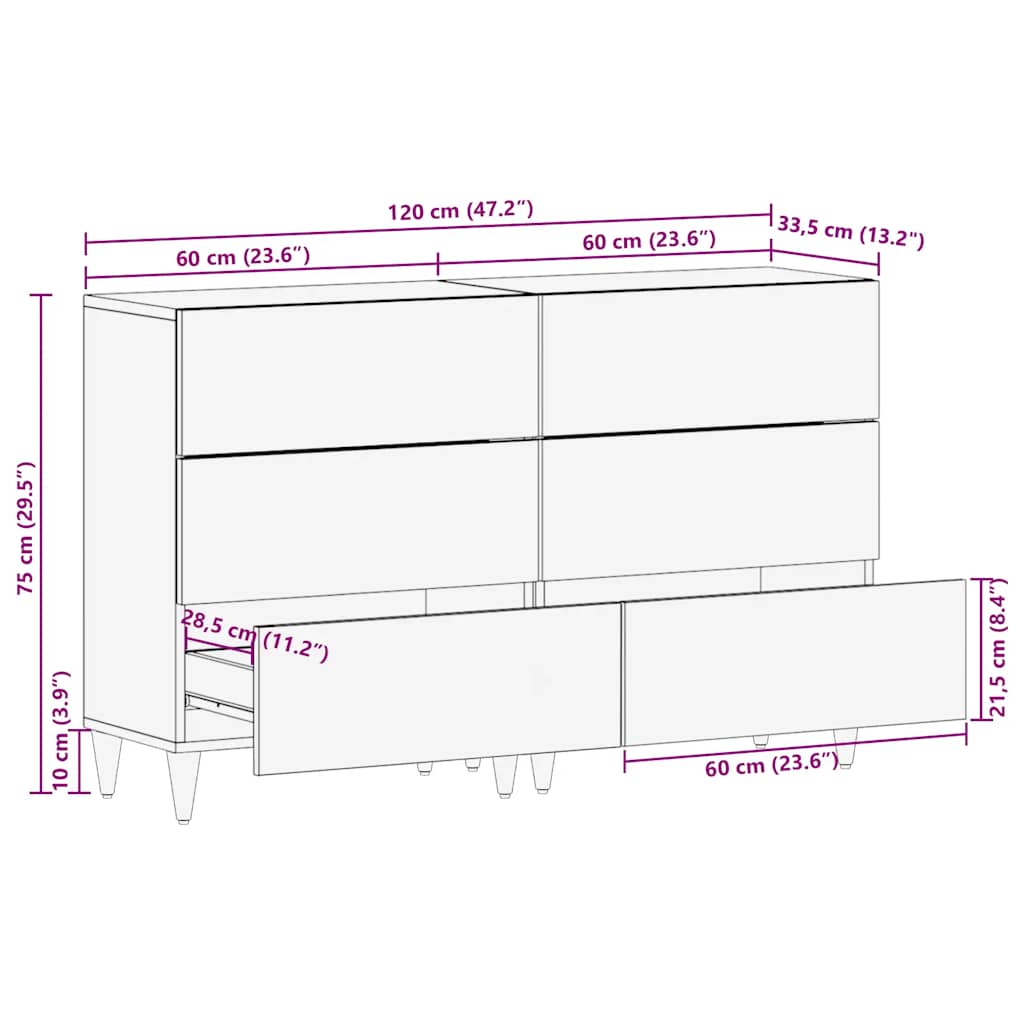 Komoda 2 kom svijetlosiva 60x33,5x75 cm Puno drvo Mango