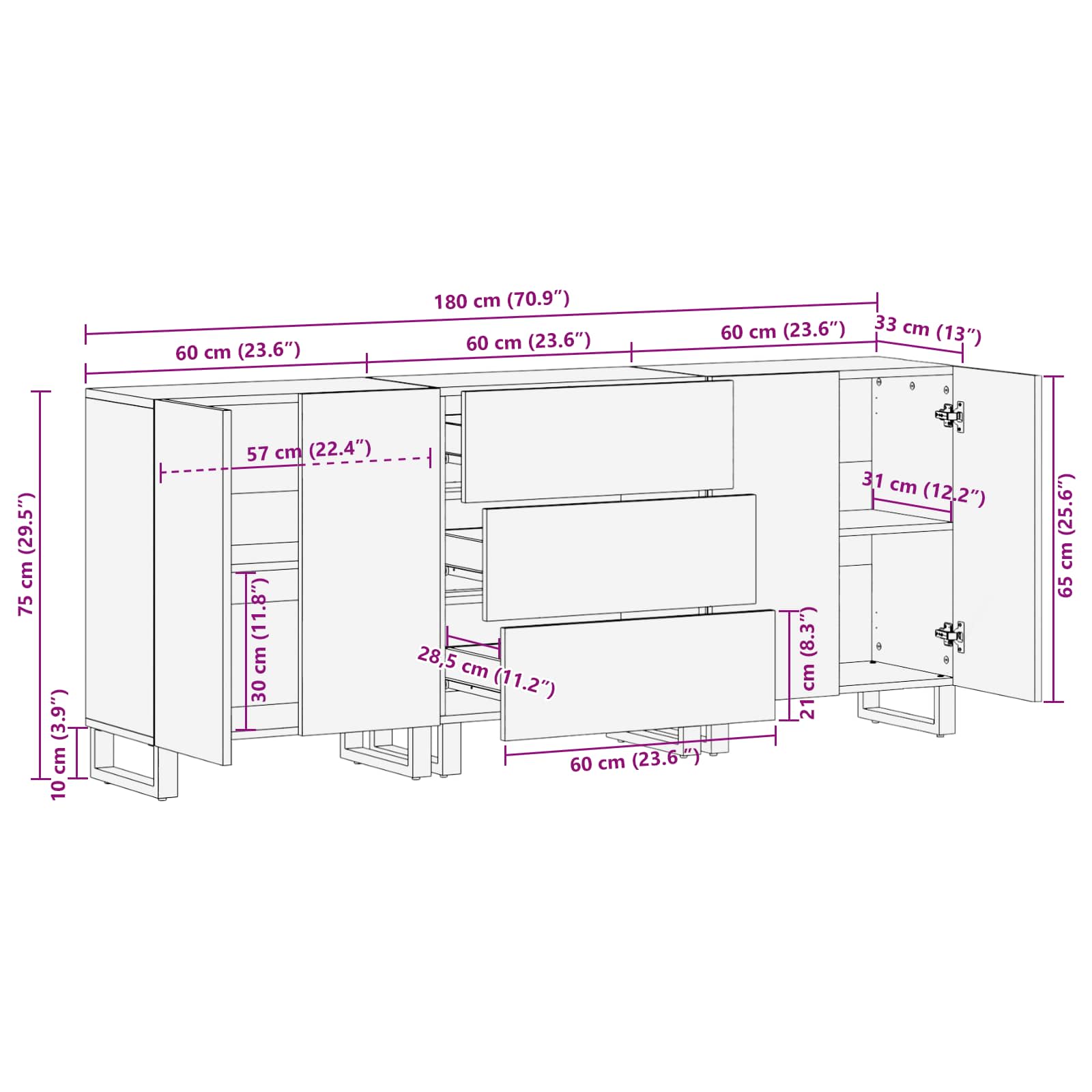 Kreveta 3 pcs Smeđa 180 x 33 x 75 cm Čvrsto drvo manga