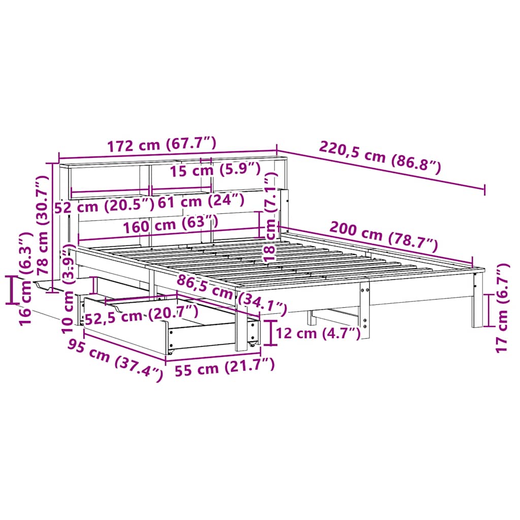 Krevet s regalom z knjige bez madraca bijeli 160x200cm borovina