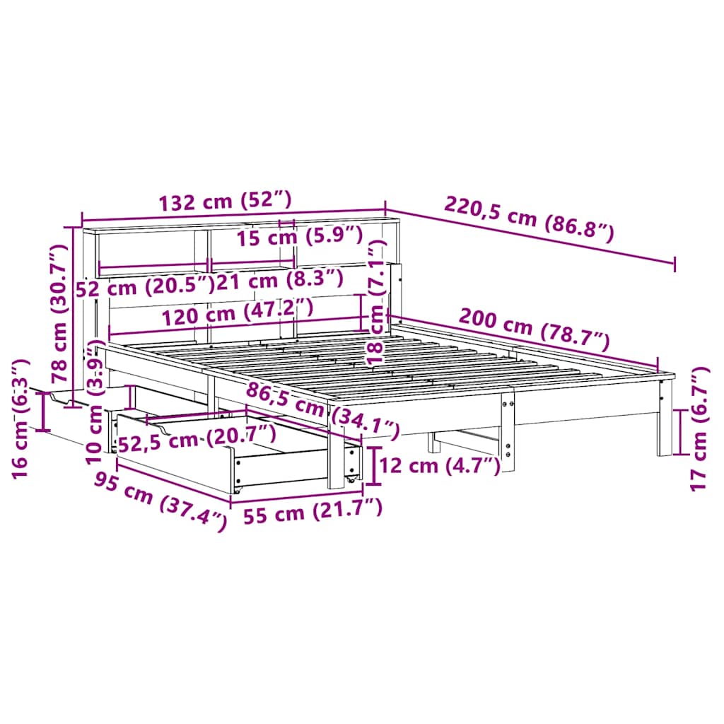 Krevet s regalom za knjige bez madraca 120 x 200 cm od borovine