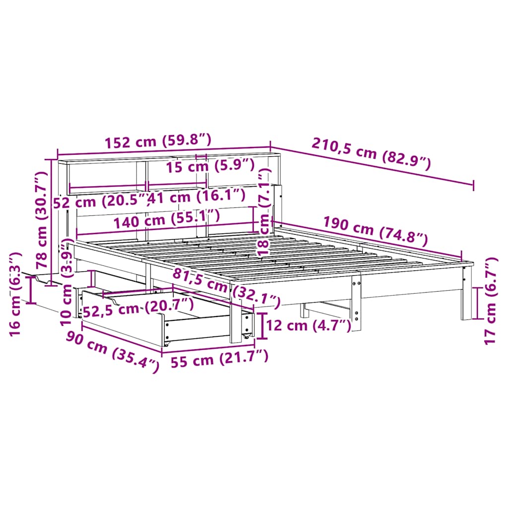 Krevet s regalom z knjige bez madraca bijeli 140x190cm borovina