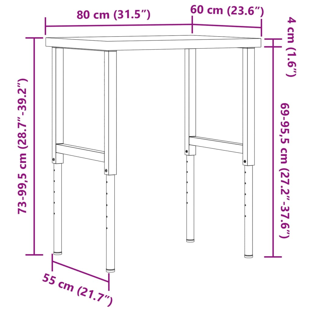 Radni stol 80x60x(73-99,5) cm masivno drvo bagrema pravokutni