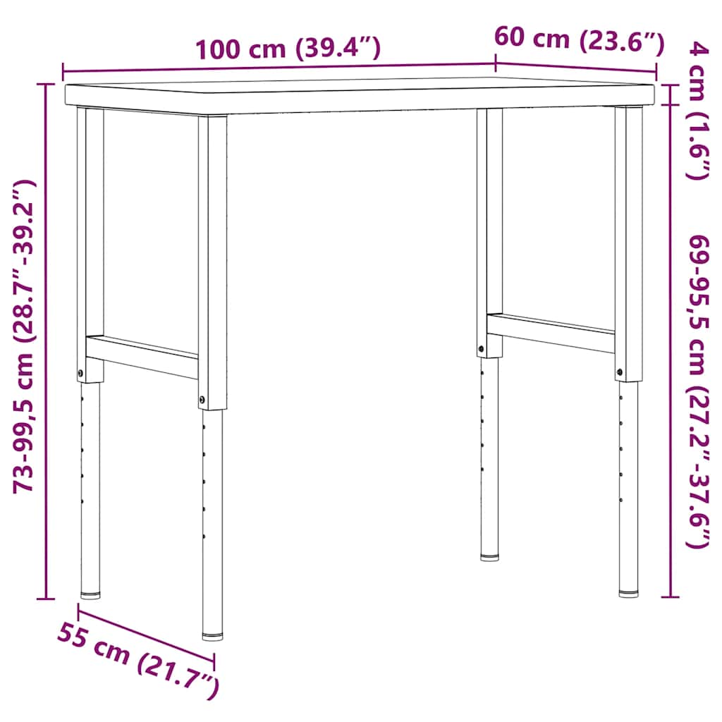 Radni stol 100x60x(73-99,5) cm masivno drvo bagrema pravokutni