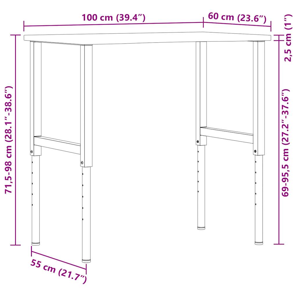 Radni stol 100x60x(71,5-98) cm puno drvo hrast