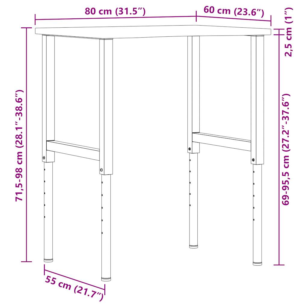 Radni stol svijetlosmeđi 80x60x(71,5-98) cm masivno drvo hrast