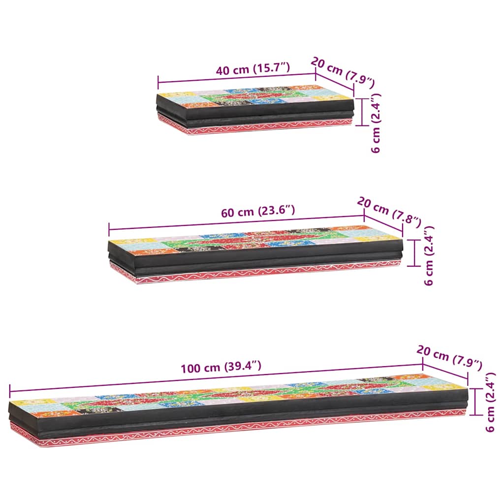 Police na zidu 3 pcs Šareni 100 x 20 x 6 cm Čvrsto drvo manga