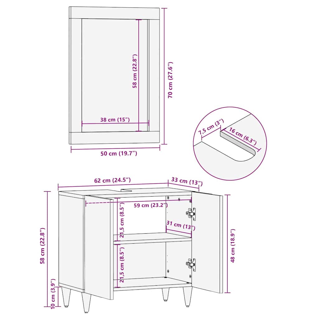 Set ormarića za kupaonicu Zidne 2 pcs Crna Čvrsto drvo manga