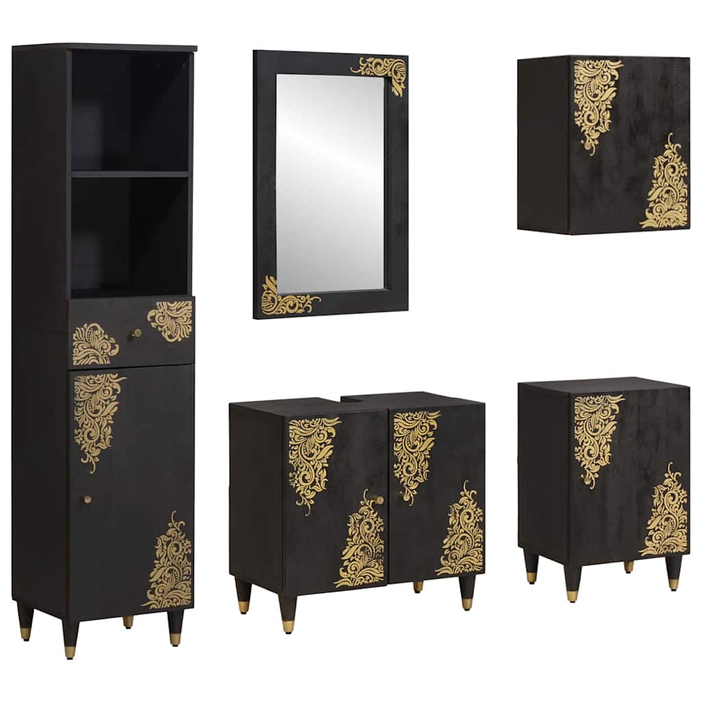 Set ormarića za kupaonicu Zidne 5 pcs Crna Čvrsto drvo manga