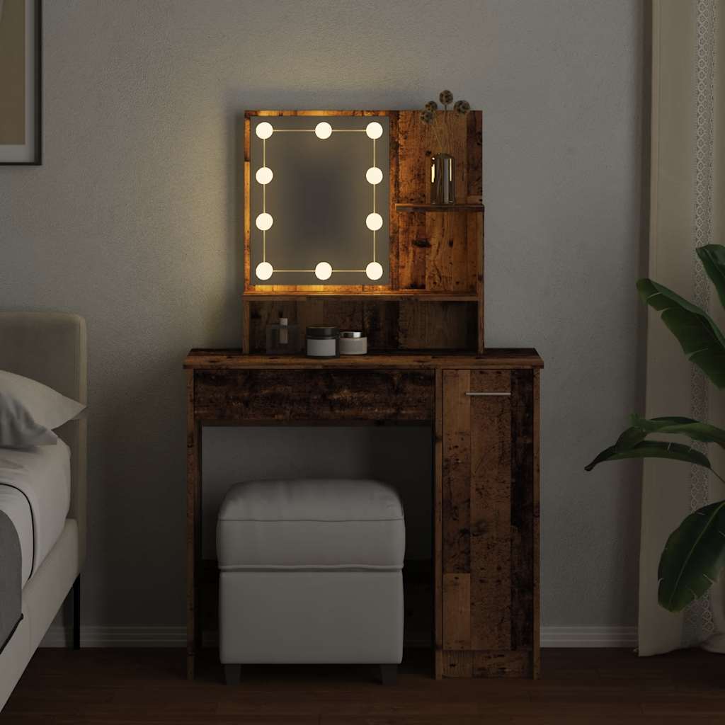 toaletni stol s LED-om staro drvo 86,5x35x136 cm