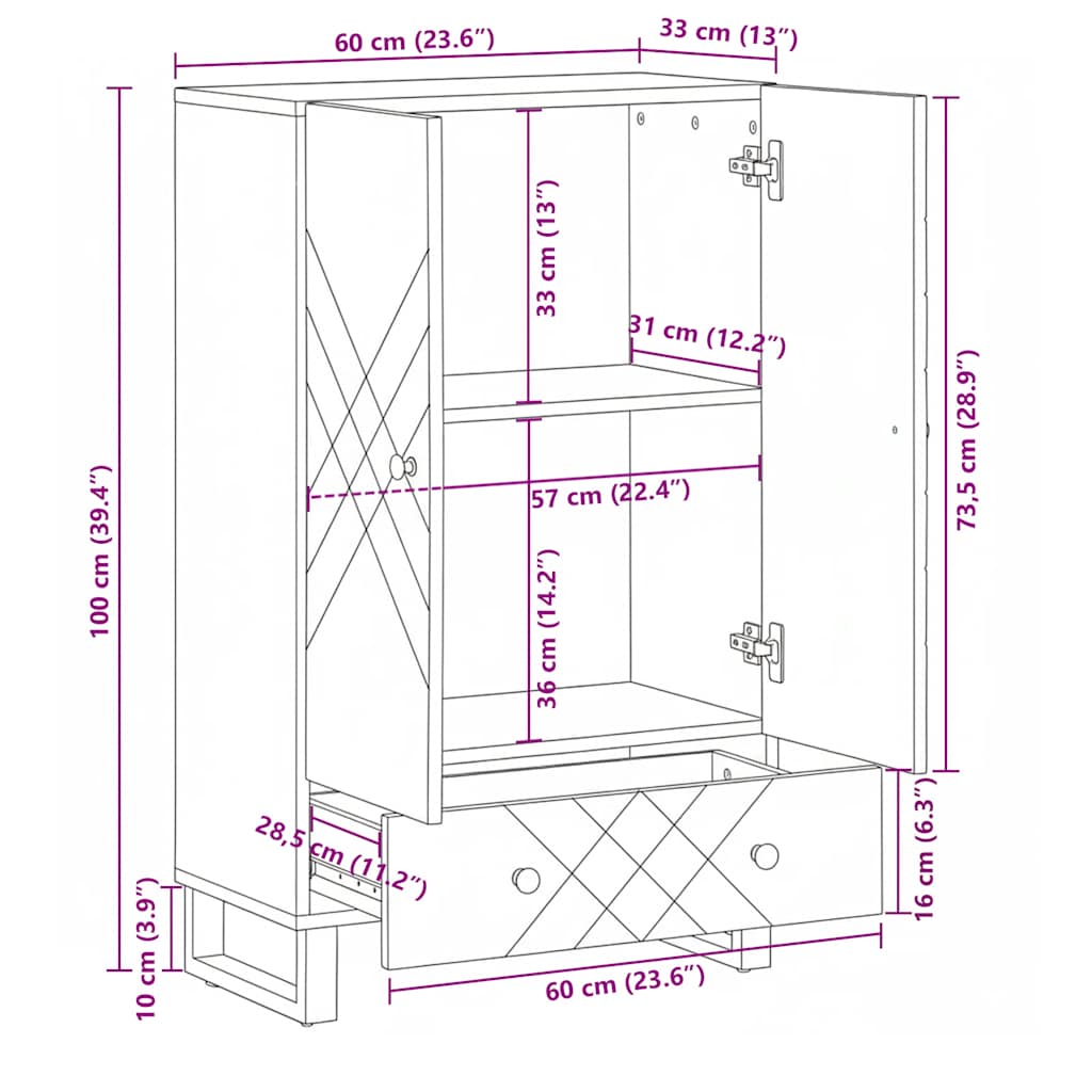Visoka komoda crna 60 x 33 x 100 cm od masivnog drva manga