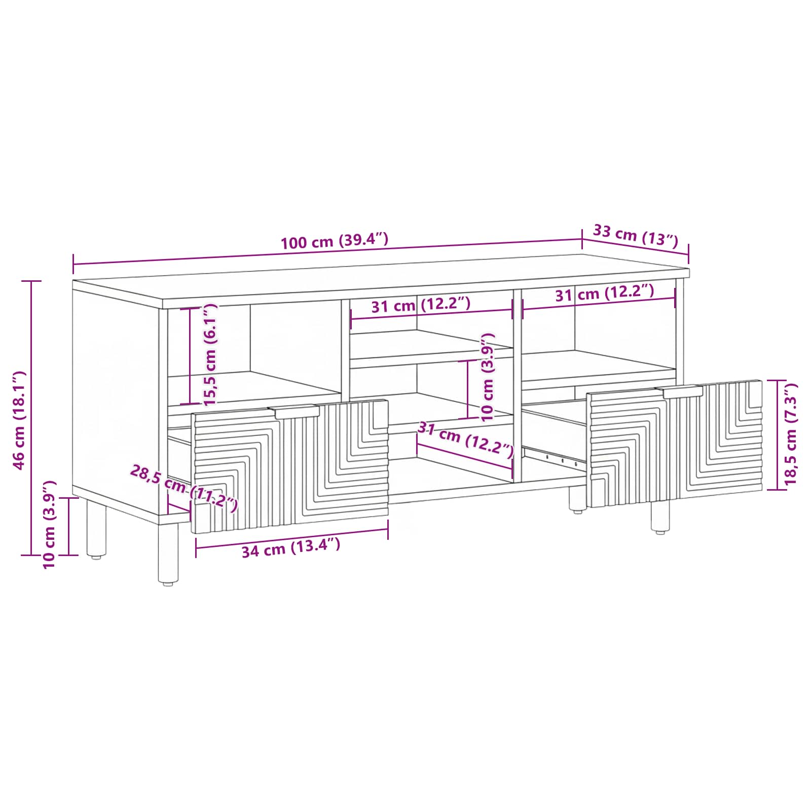 TV ormar s ladicama Smeđa 100 x 33,5 x 46 cm Čvrsto drvo manga
