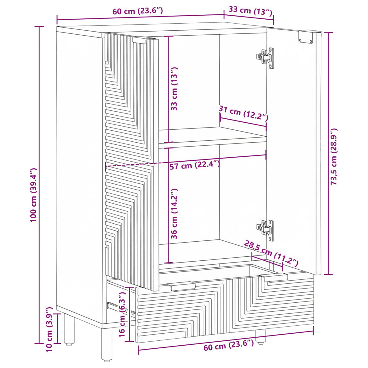 Highboard s ladicama Smeđa 60 x 33,5 x 100 cm Čvrsto drvo manga