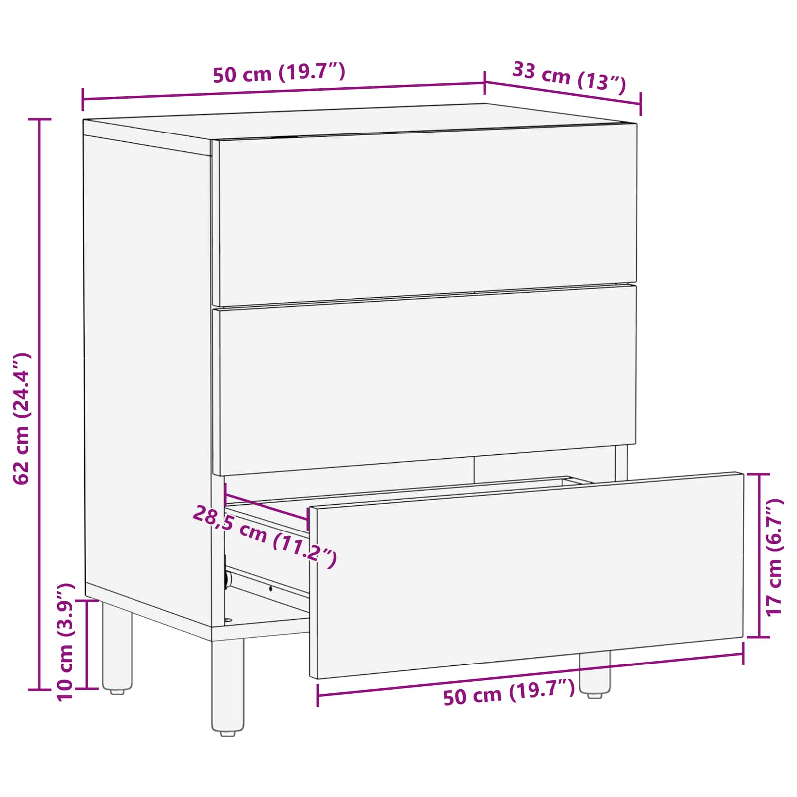 Noćni ormar s ladicama Bijelo 50 x 33 x 62 cm Čvrsto drvo manga