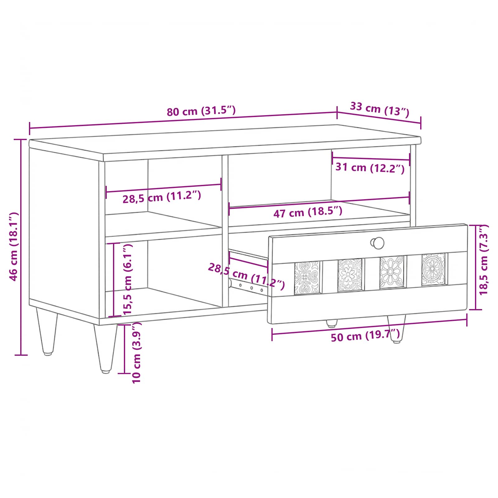 TV ormar s ladicama Prirodna 80 x 33 x 46 cm Čvrsto drvo manga