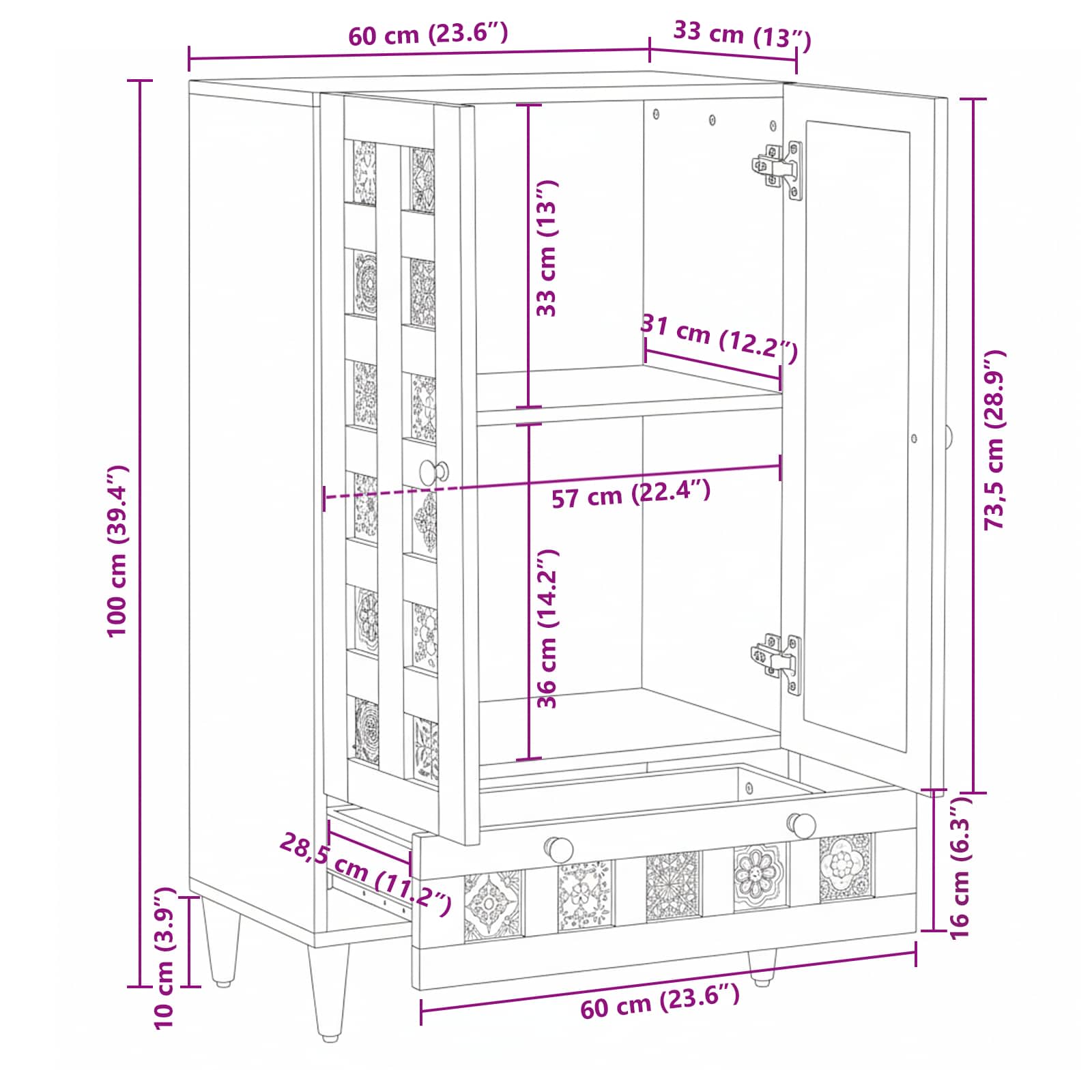Highboard Prirodna 60 x 33,5 x 100 cm Čvrsto drvo manga