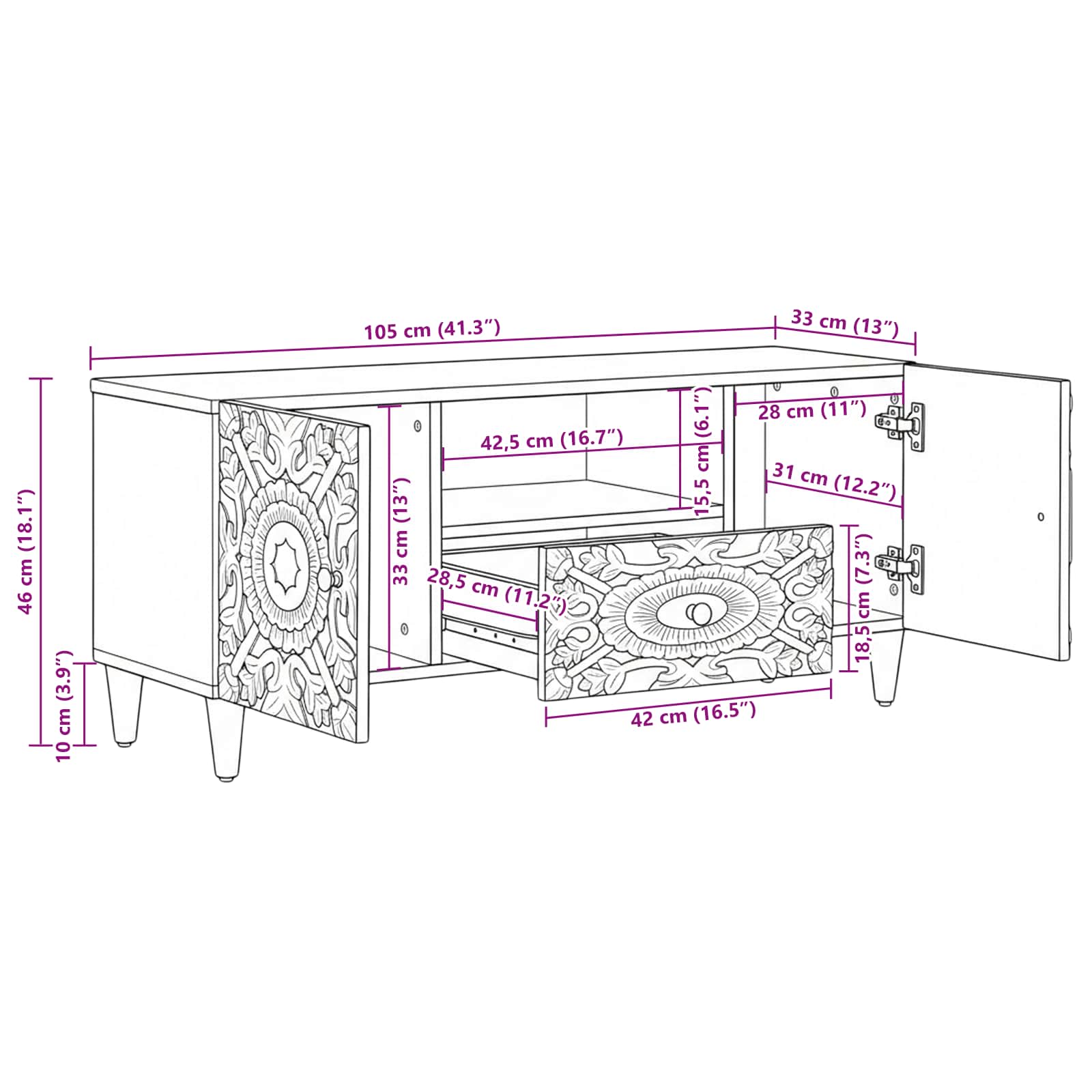TV ormar s ladicama Smeđa 105 x 33,5 x 46 cm Čvrsto drvo manga