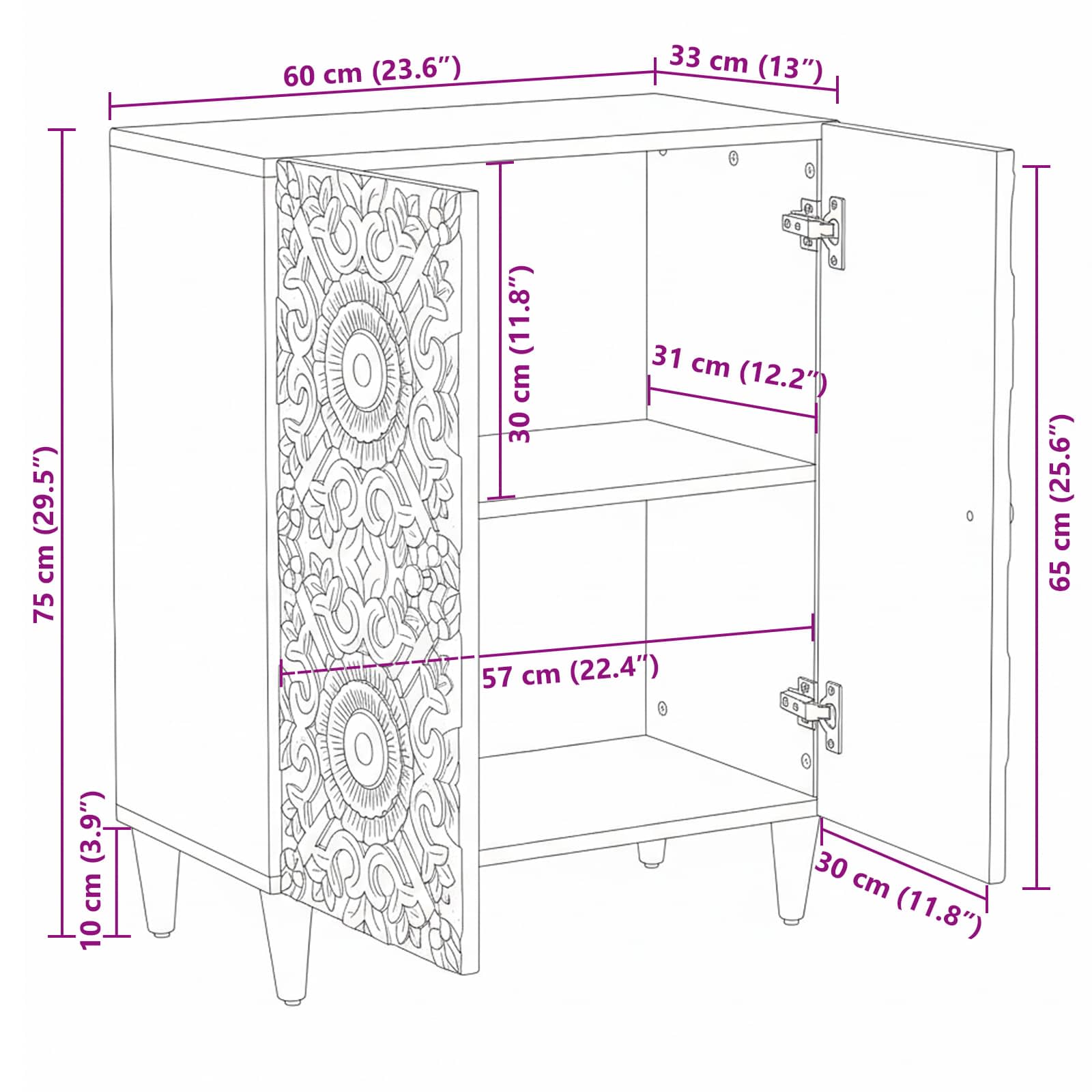 Sideboard za Pohranu Bijelo 60 x 33,5 x 75 cm Čvrsto drvo manga