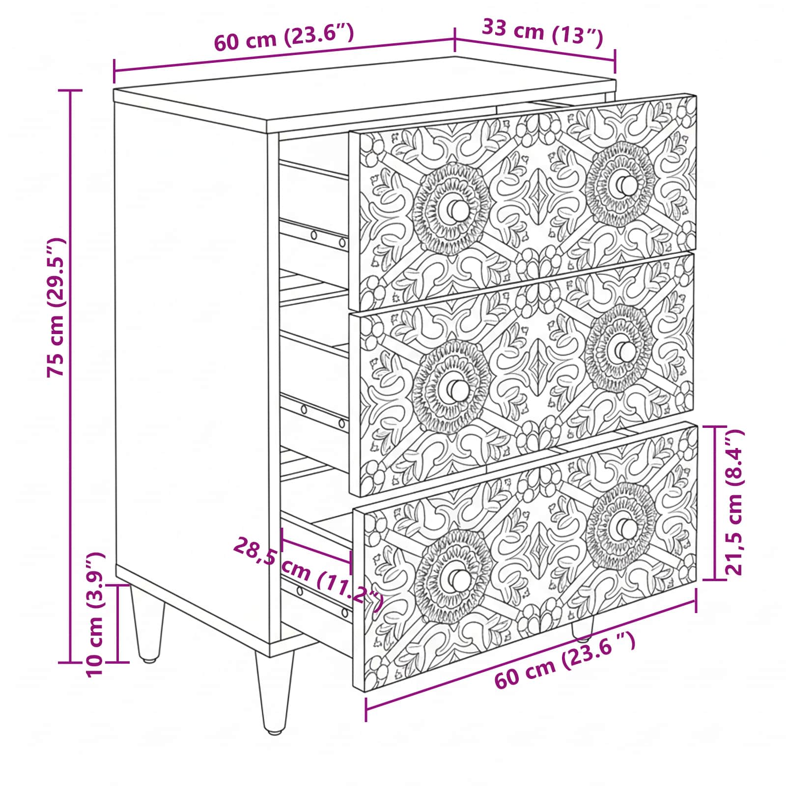 Sideboard za Pohranu Bijelo 60 x 33,5 x 75 cm Čvrsto drvo manga