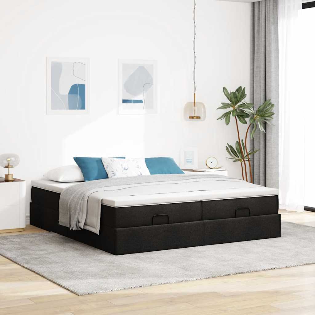 Otomanski okvir kreveta s madracima crni 200x200cm od tkanine
