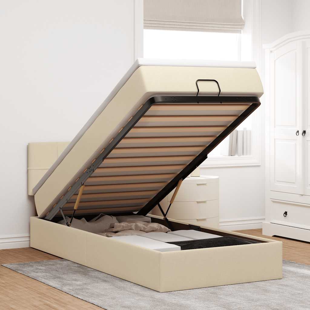 Otomanski krevet s madracem i LED krem 90x200 cm tkanine