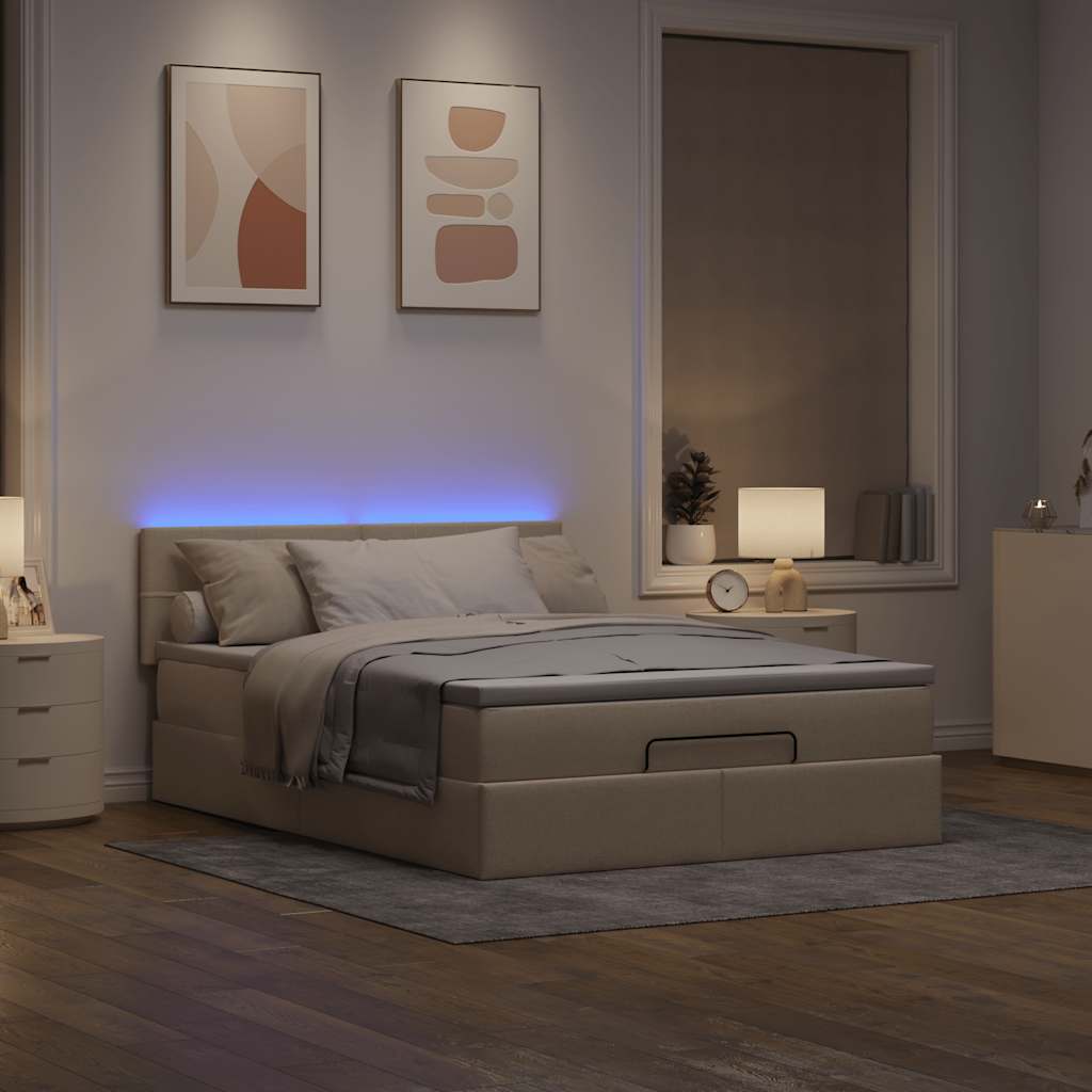 Otomanski krevet s madracem i LED krem 140x200 cm tkanine