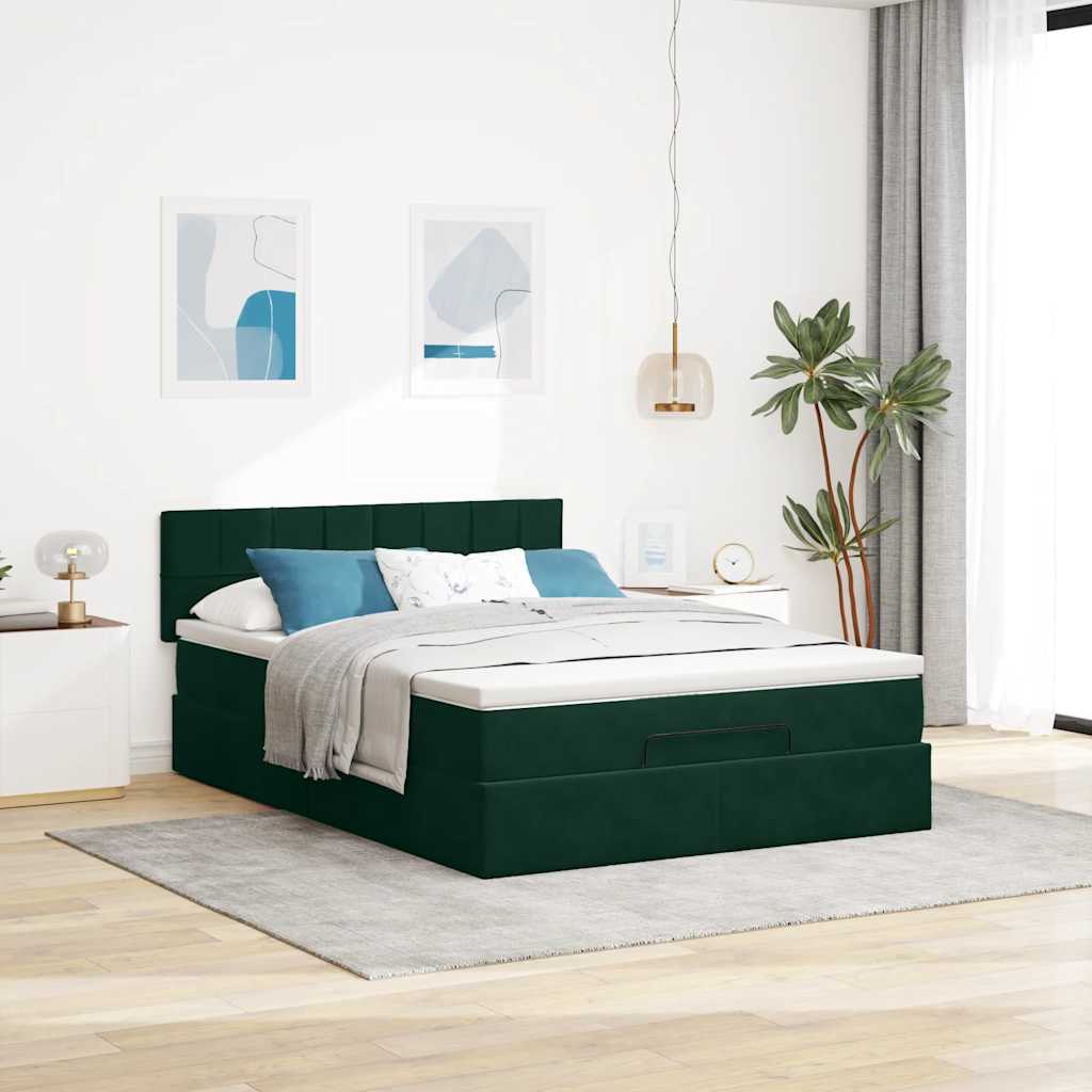 Ottoman krevet s madracem i LED diodama tamnozeleni 140x190 cm baršun