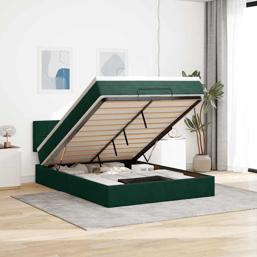 Ottoman krevet s madracem i LED diodama tamnozeleni 140x190 cm baršun