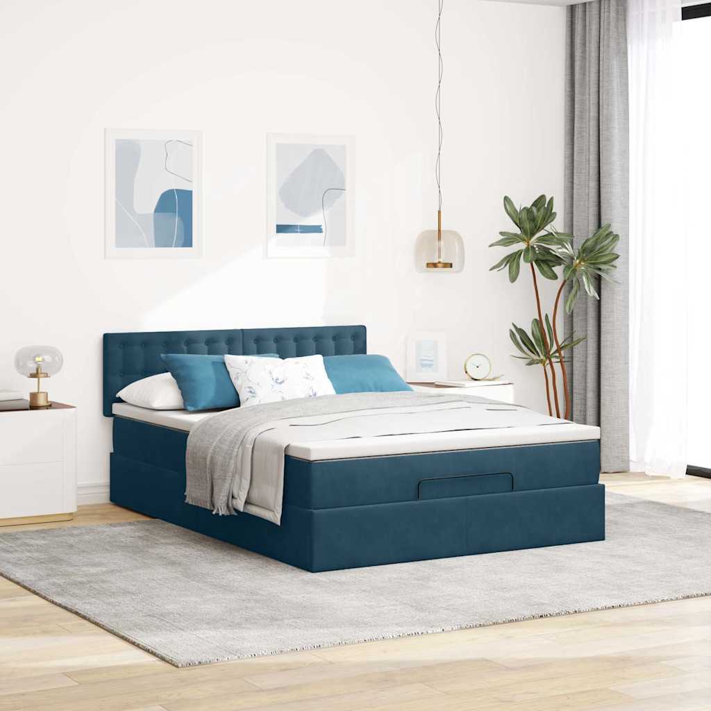 Ottoman krevet s madracem i LED diodama tamnoplavi 140x200 cm baršun