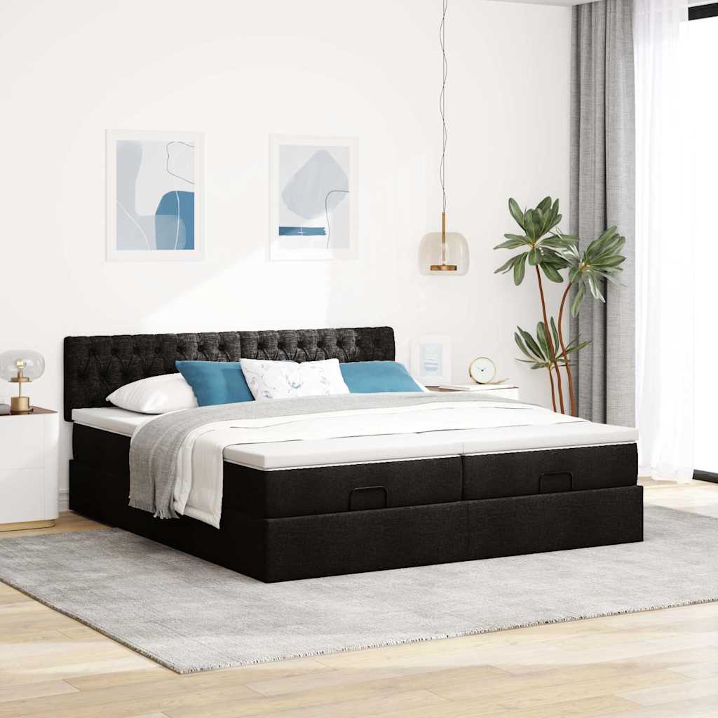 Otomanski okvir kreveta s madracima crni 200x200cm od tkanine