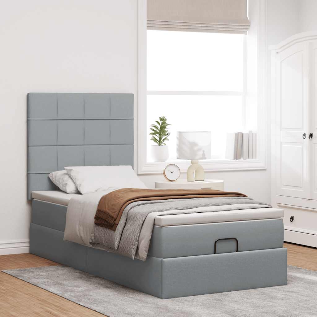 Otomanski okvir kreveta s madraca svijetlosivi 90x190cm tkanine