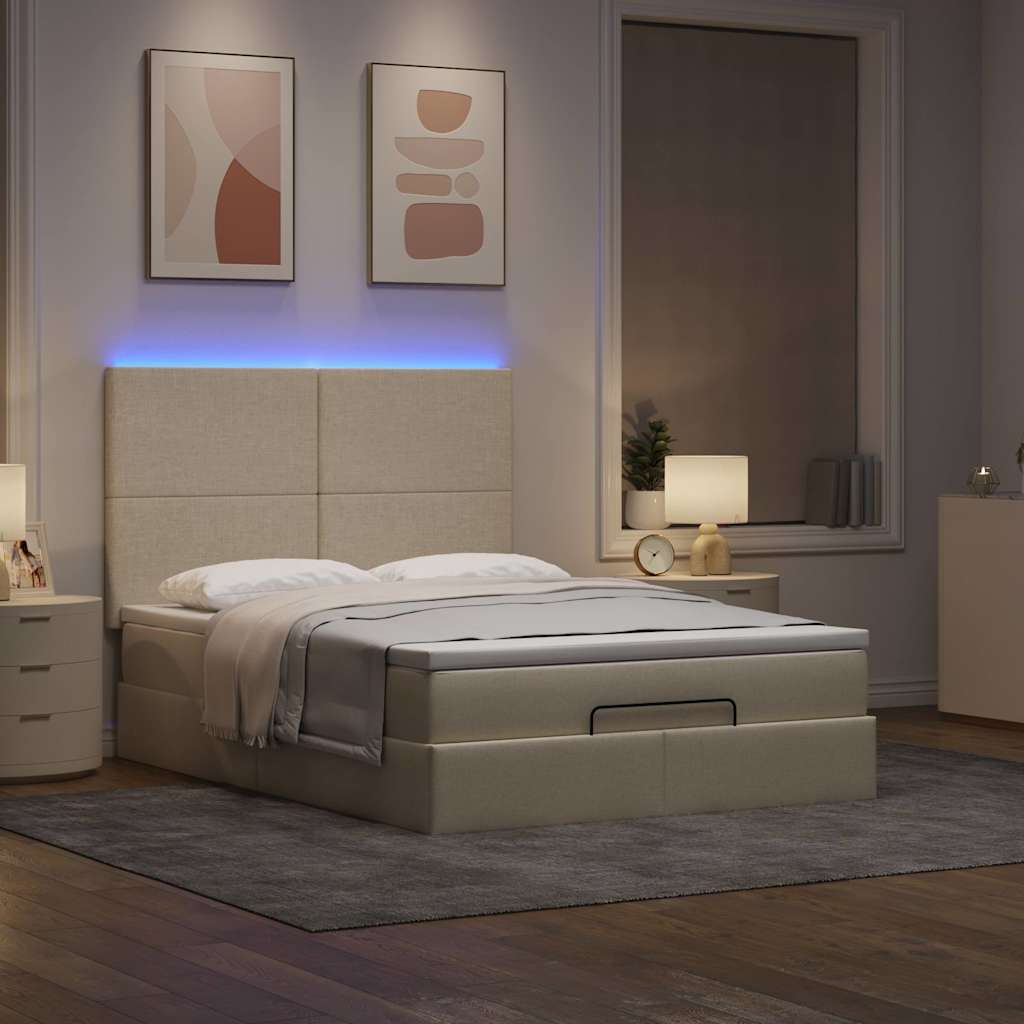 Otomanski krevet s madracem i LED krem 140x190 cm tkanine