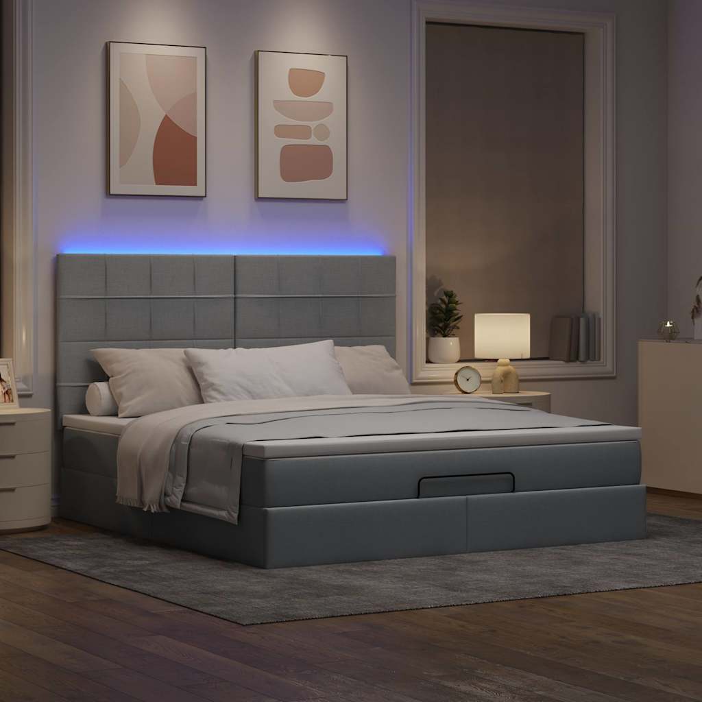 Otomanski krevet s madracem&LED svijetlosivi 180x200cm tkanine