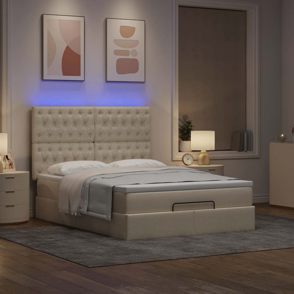 Otomanski krevet s madracem i LED krem 140x200 cm tkanine