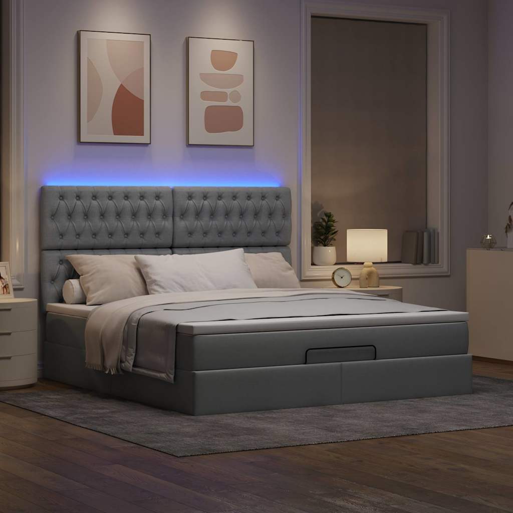 Otomanski krevet s madracem&LED svijetlosivi 180x200cm tkanine