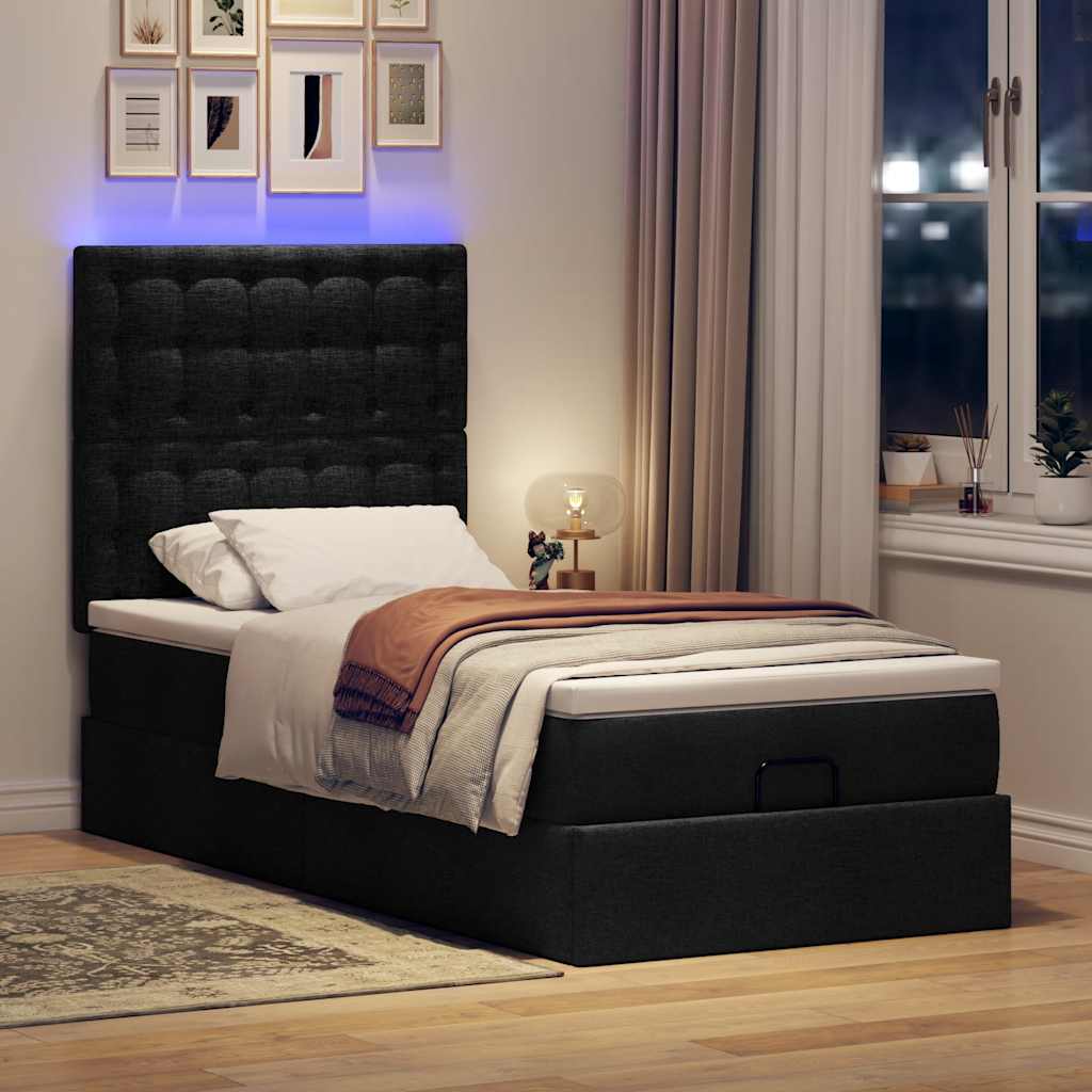 Otomanski krevet s madracem i LED crna 80x200cm tkanina