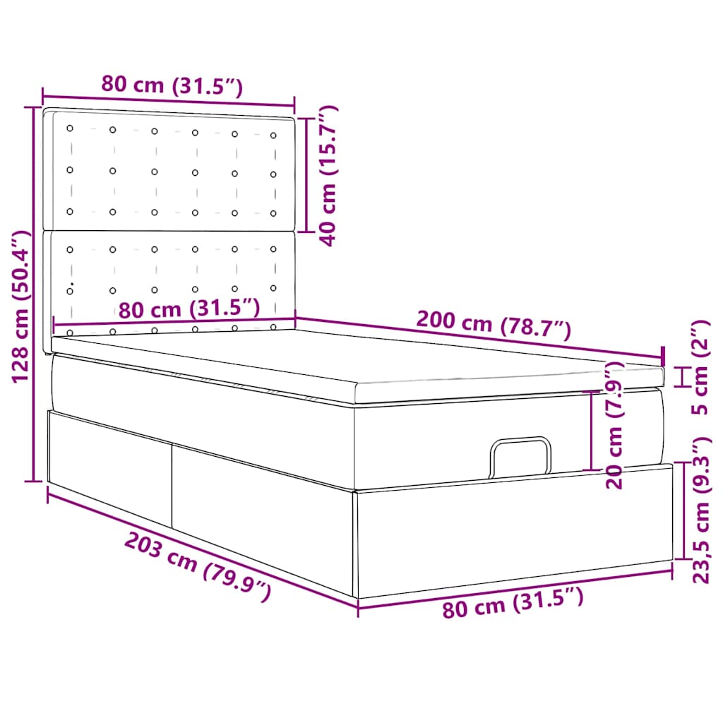 Otomanski krevet s madracem i LED crna 80x200cm tkanina