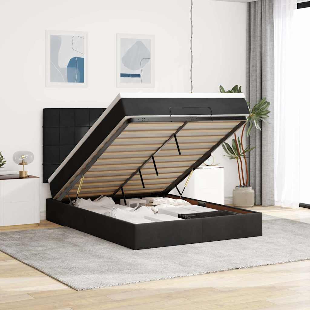 Ottoman krevet s madracima i LED diodama crni 140x200 cm baršun