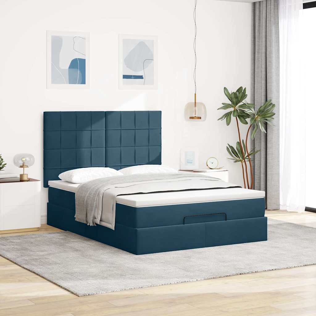 Ottoman krevet s madracima i LED diodama tamnoplavi 140x200 cm baršun