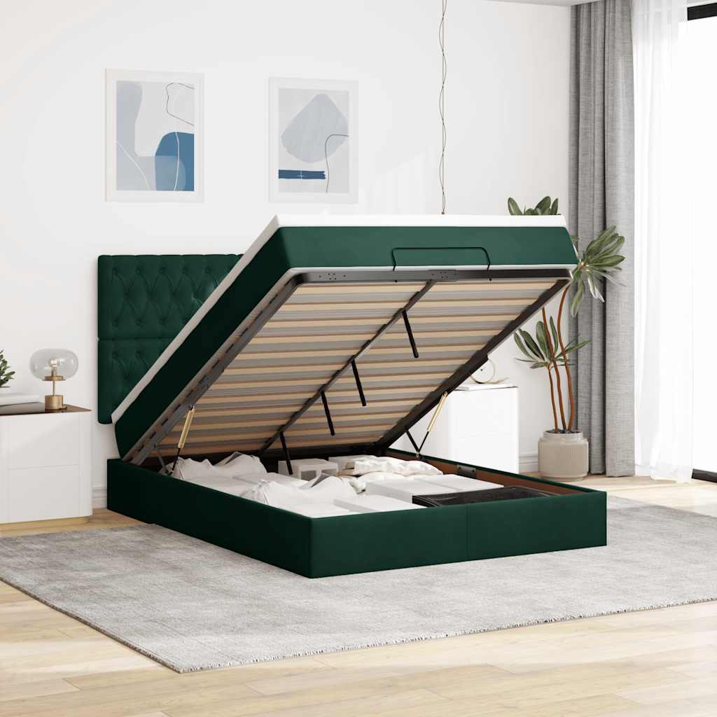 Ottoman krevet s madracima i LED diodama tamnozeleni 140x190 cm baršun
