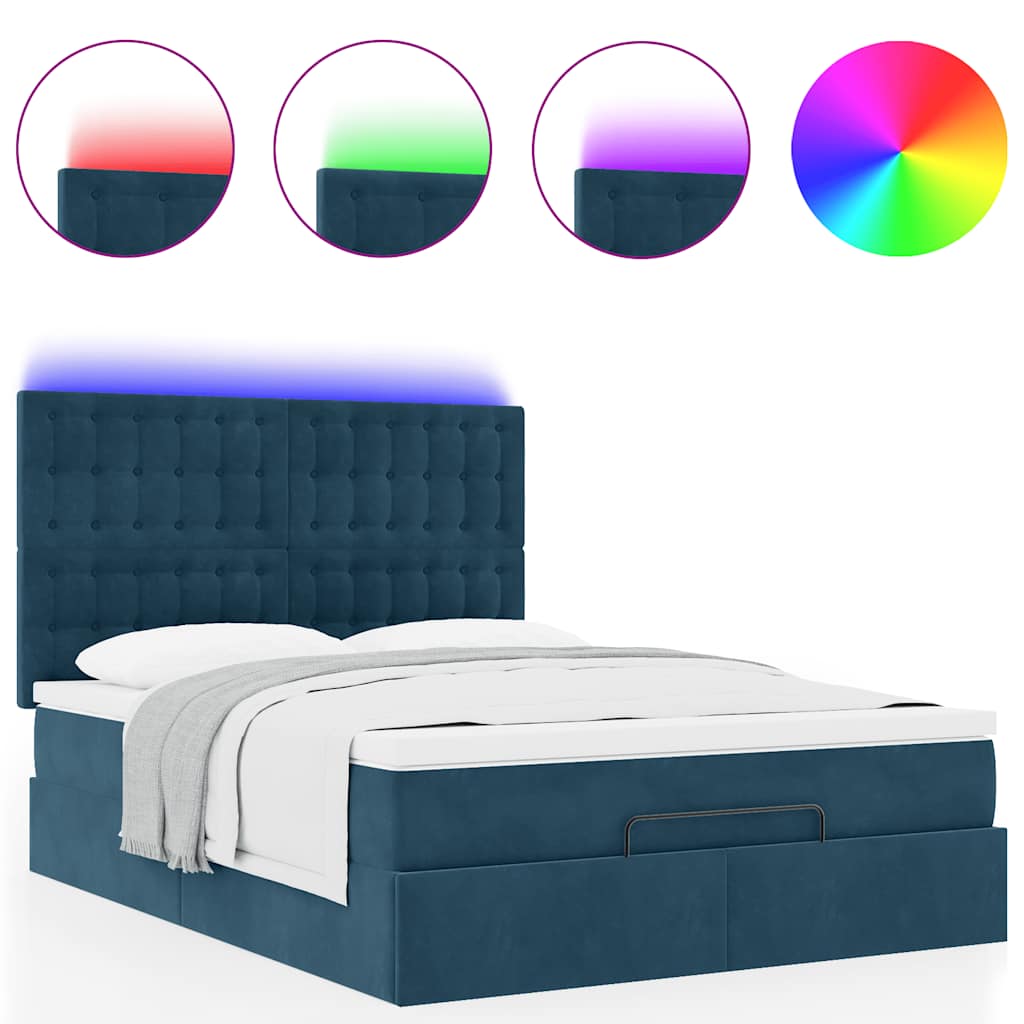 Ottoman krevet s madracima i LED diodama tamnoplavi 140x200 cm baršun