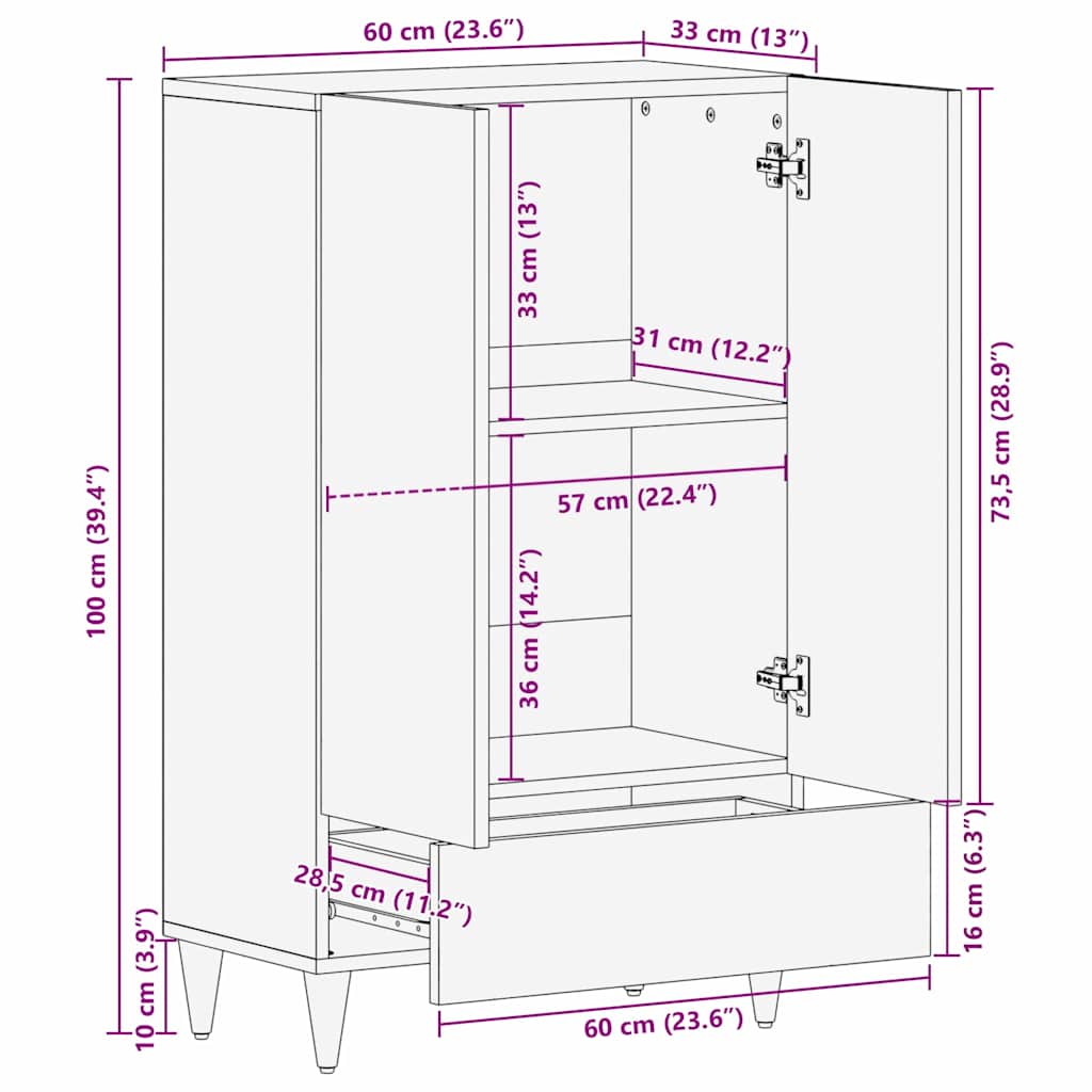 Highboard s ladicama Crna 60 x 33 x 100 cm Čvrsto drvo manga