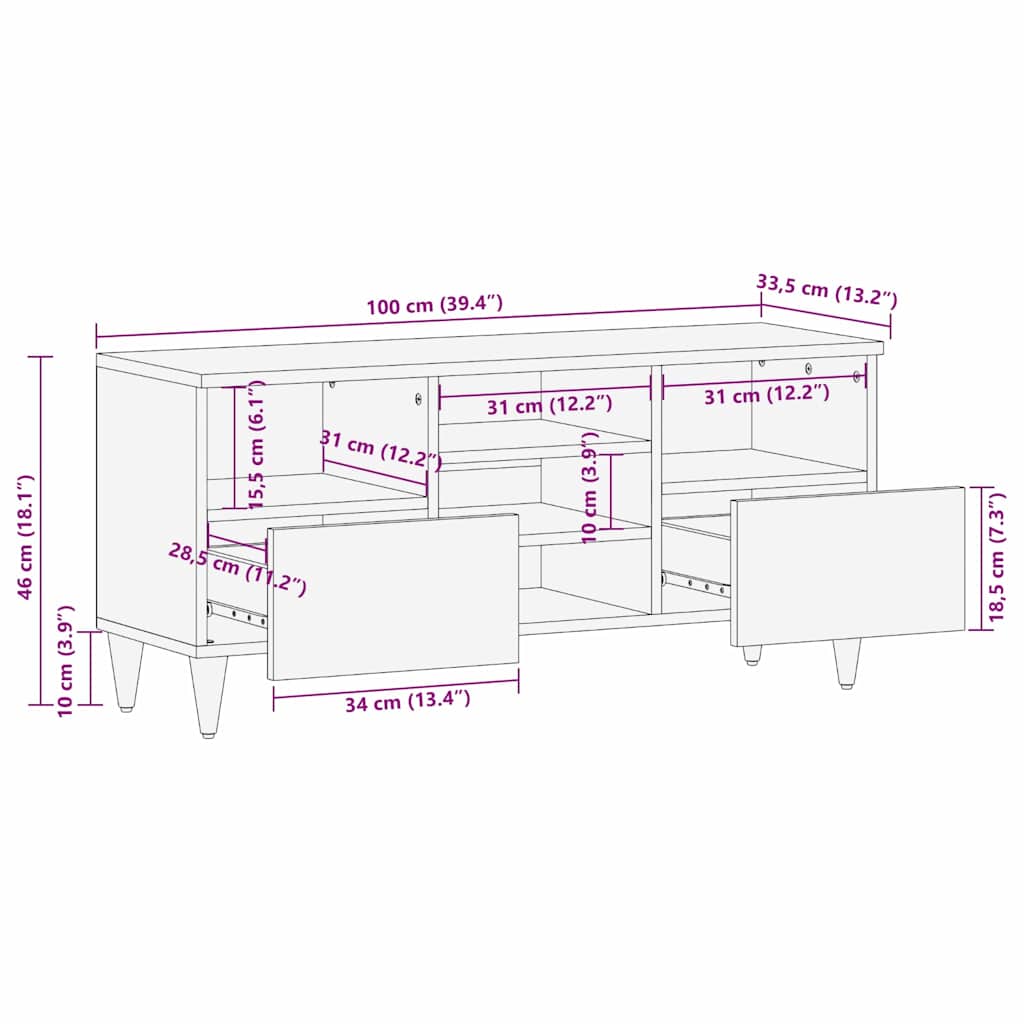 TV ormar s ladicama Smeđa 100 x 33,5 x 46 cm Čvrsto drvo manga