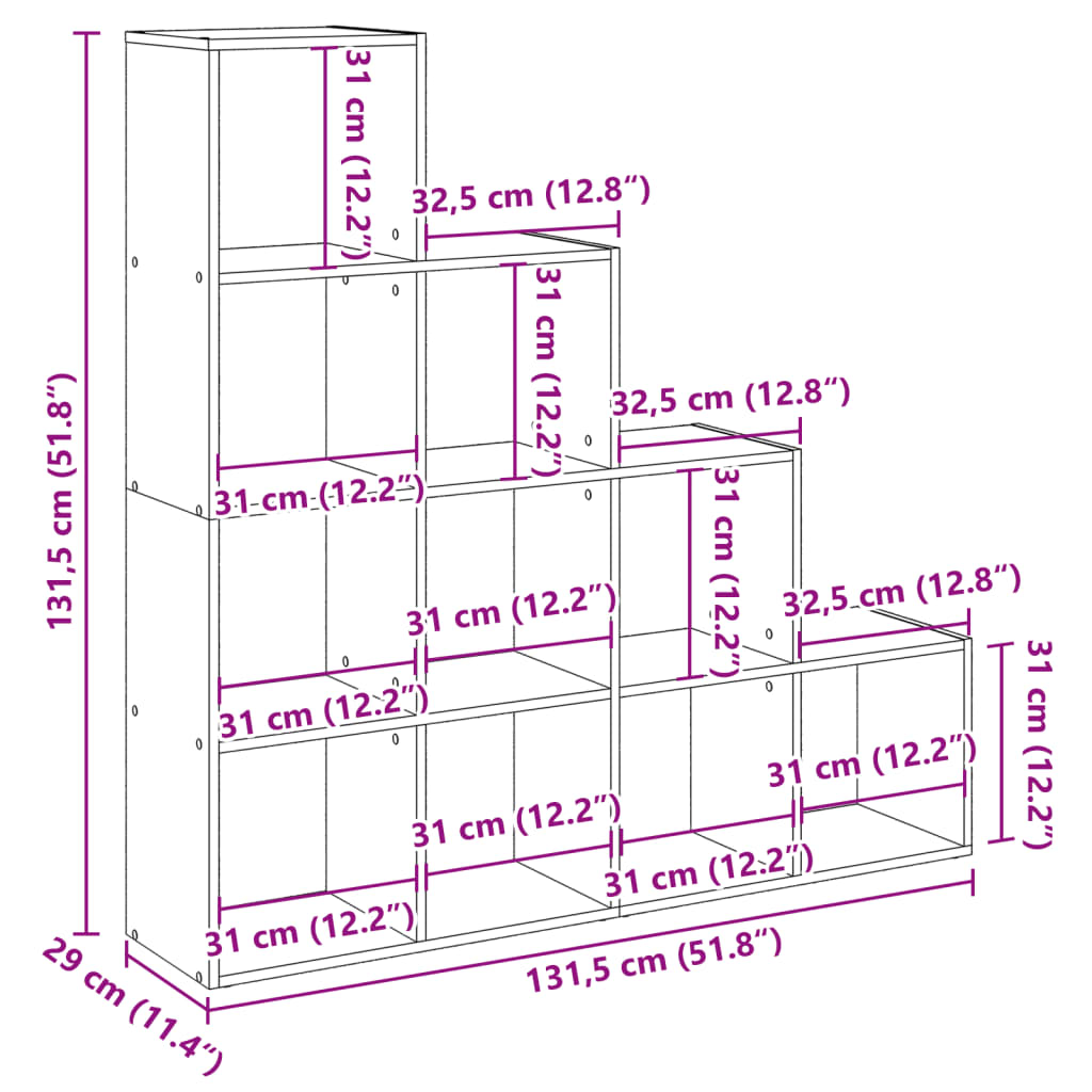 Pregrada/regal za knjige 4 razina hrast 131,5x29x131,5cm drveni
