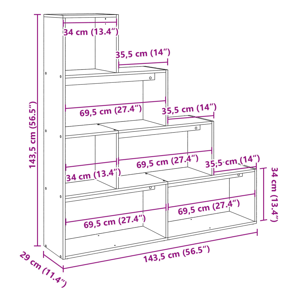 Pregrada/regal za knjige 4 razina hrast 143,5x29x143,5cm drveni