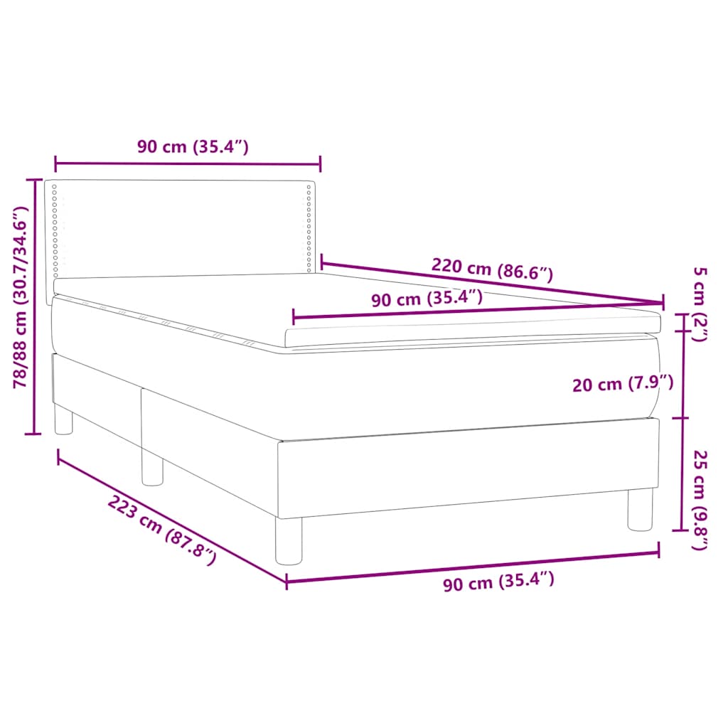 Box spring krevet s madracem tamnosivi 90x220 cm baršunasti