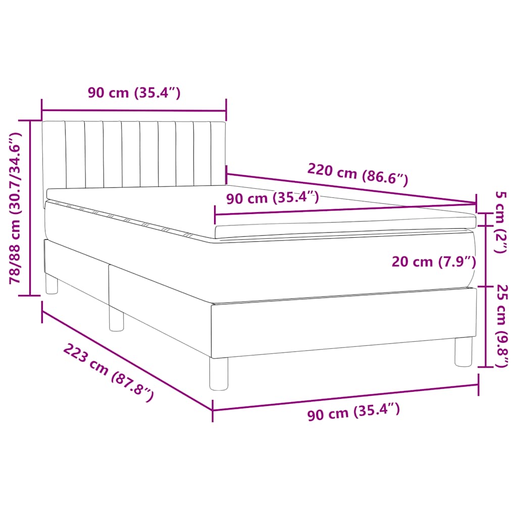 Box spring krevet s madracem tamnosivi 90x220 cm baršunasti