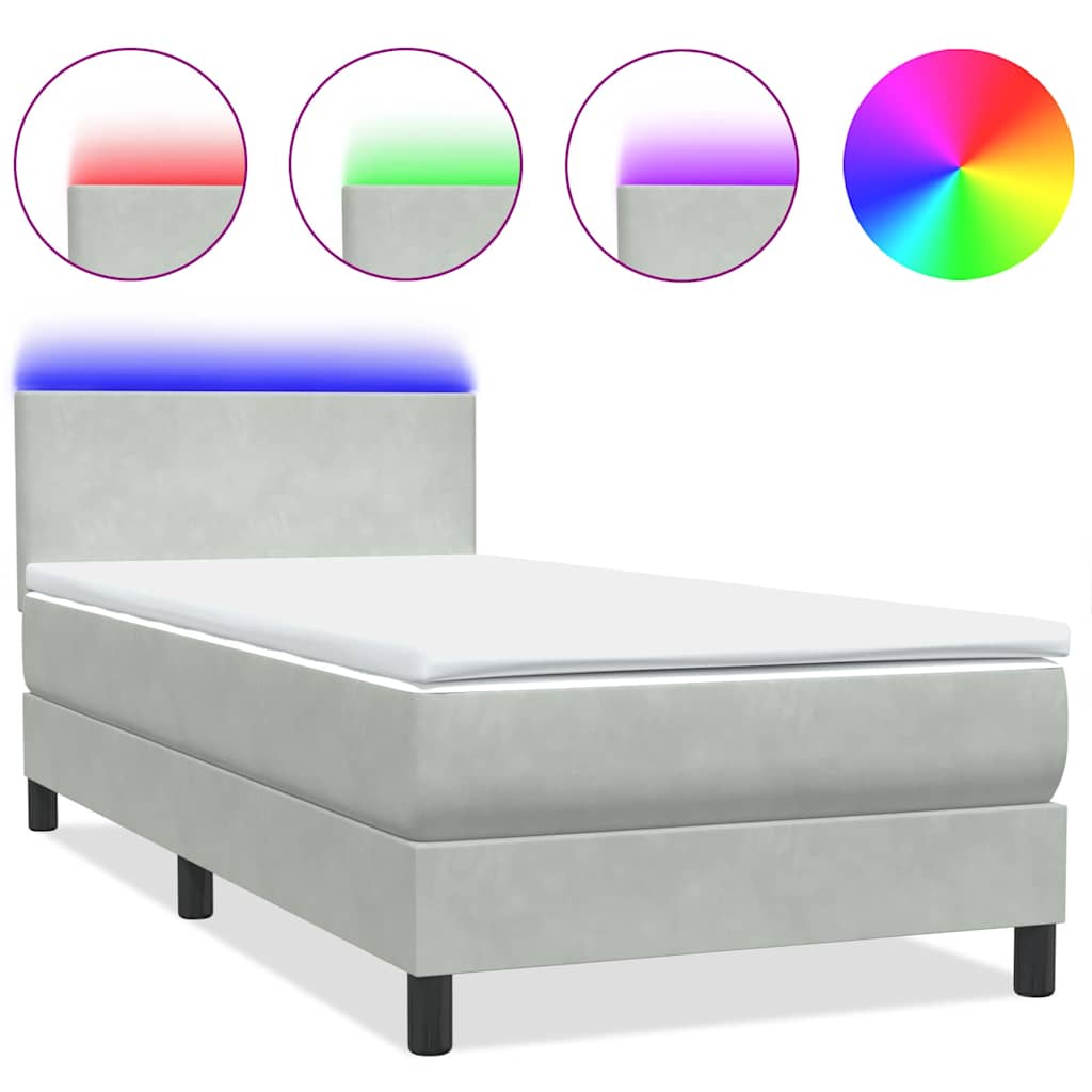 Box Spring krevet s madracem i LED svijetlo sivi 90x210 cm baršun